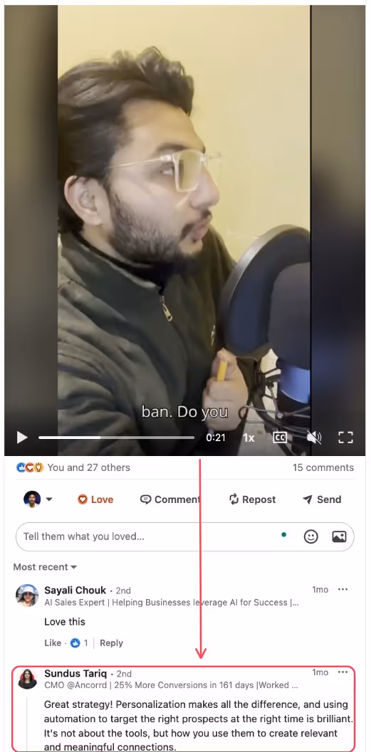 A man speaking in a video on LinkedIn with comments.