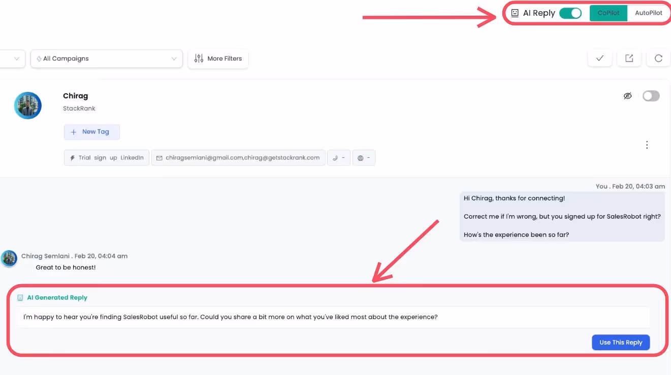 AI Reply feature with CoPilot and AutoPilot options