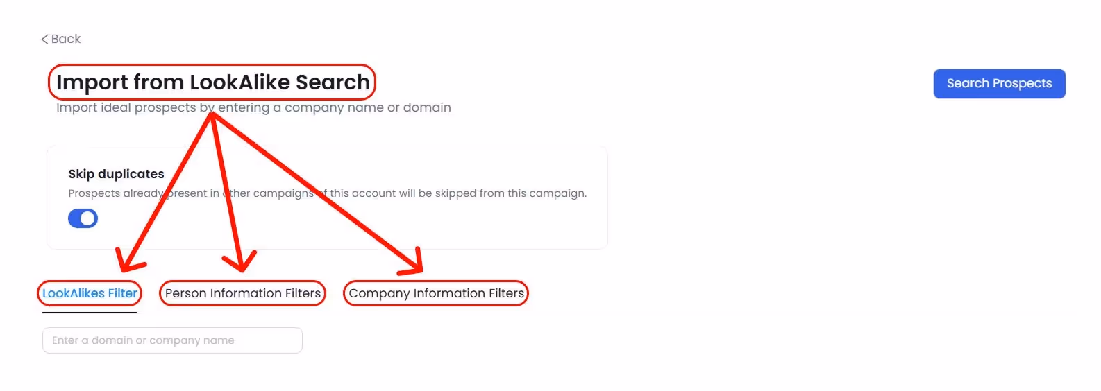 Import from LookAlike Search' interface with filters for LookAlikes