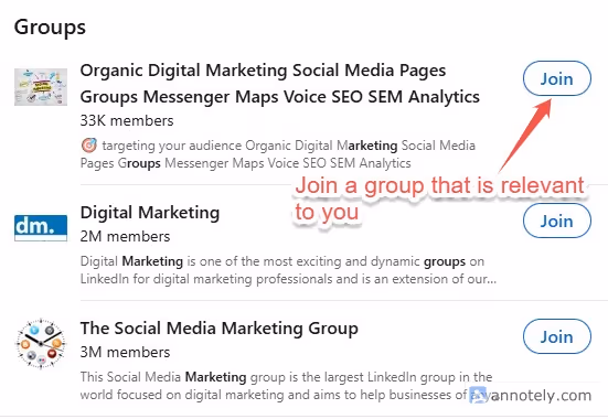 LinkedIn groups with a red arrow pointing to the 'Join' button