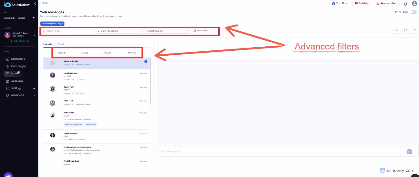 Screenshot of SalesRobot's inbox with advanced filters highlighted.