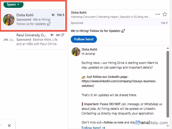 LinkedIn messaging inbox with Spam tab highlighted.