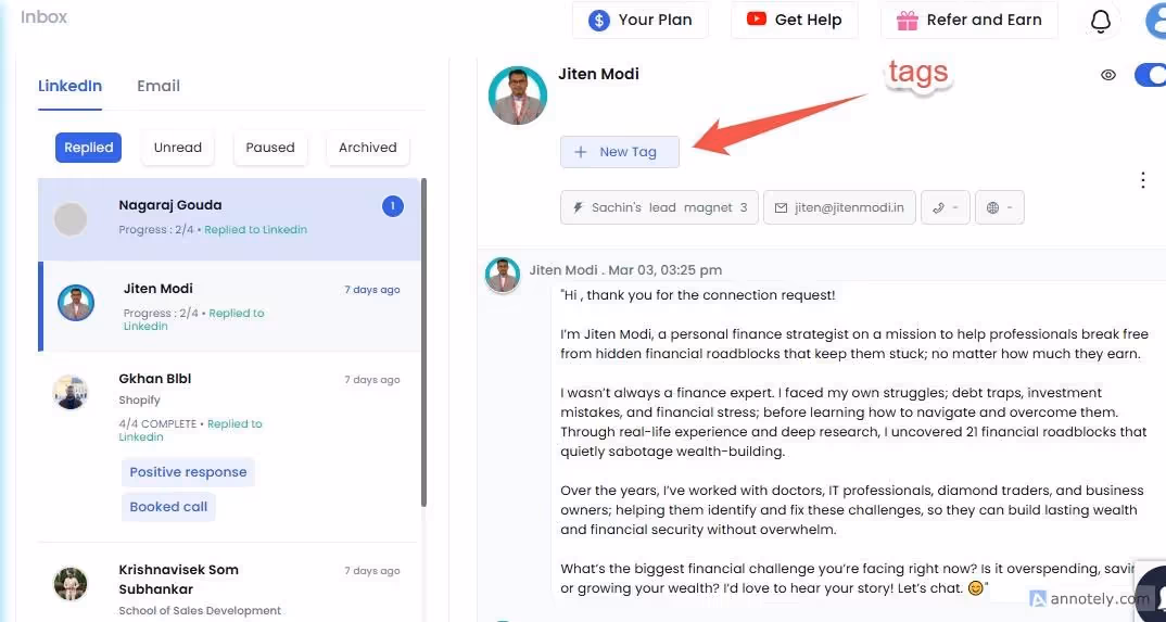 Screenshot of SalesRobot inbox with tags and connection request.