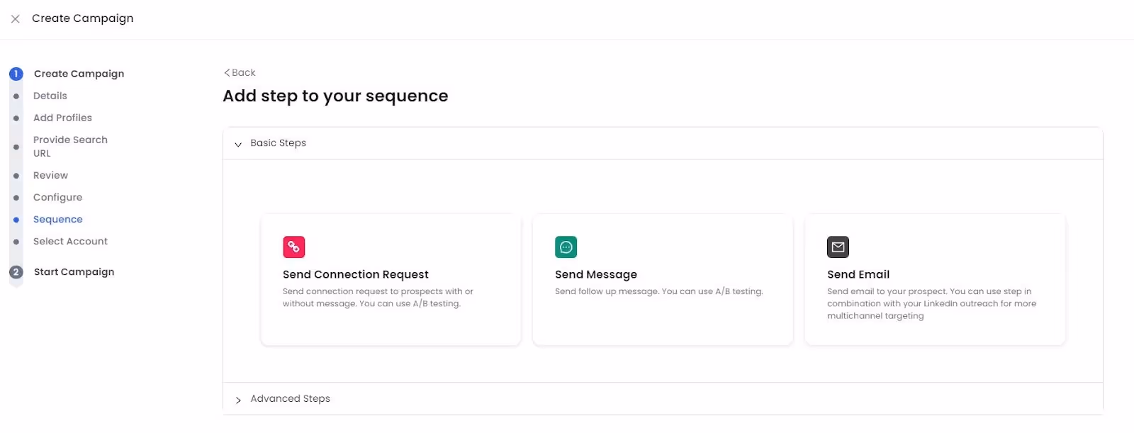A screenshot of a campaign creation interface with options to send connection requests, messages, and emails.