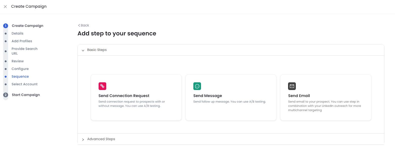 A screenshot of a campaign creation interface with options to send connection requests, messages, and emails.