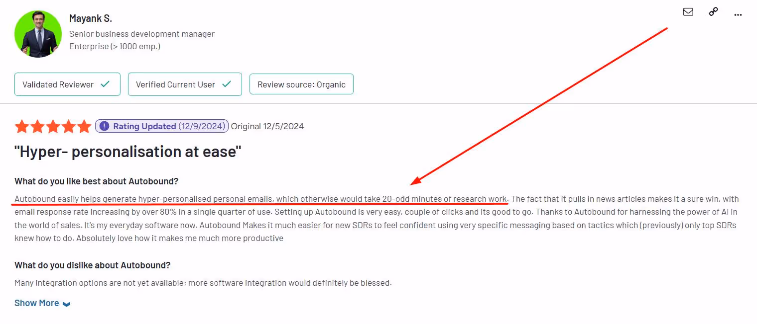 Customer review of Autobound: Hyper-personalization with ease.