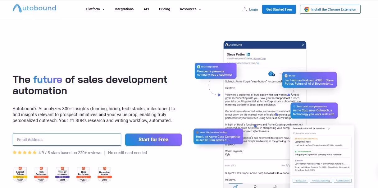 Autobound's website showcasing its sales development automation platform.