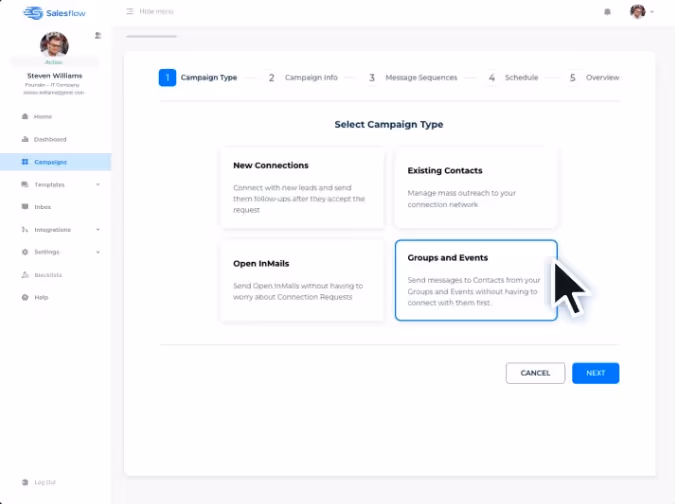 Salesflow campaign type selection.