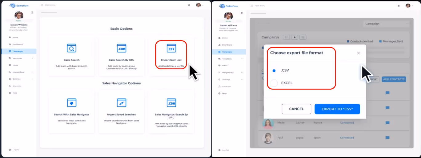 Salesflow CSV import and export options.