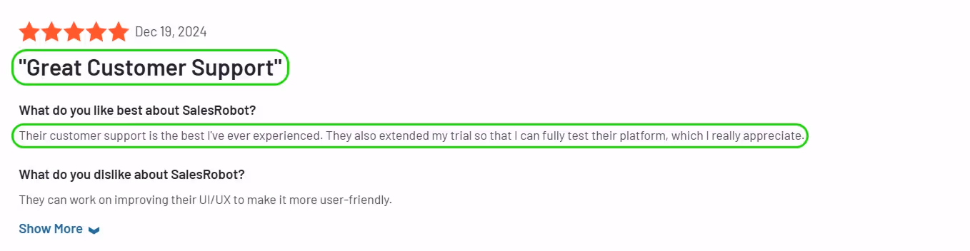 SalesRobot customer support review.
