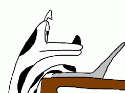 A cartoon dog sits at a desk with a laptop.