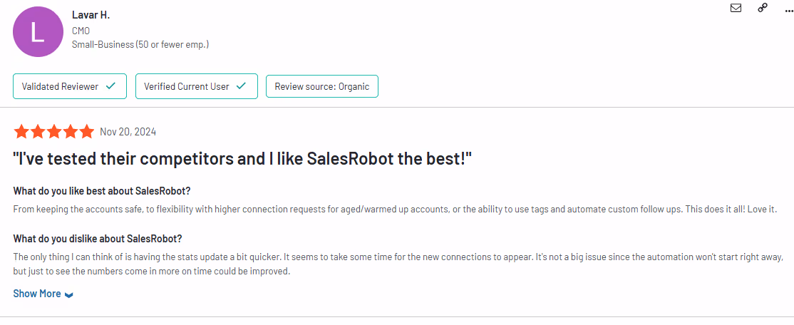 Customer review of SalesRobot with a 5-star rating, praising its competitor testing and features.