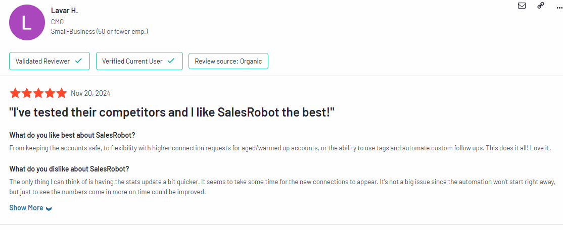 Customer review of SalesRobot with a 5-star rating, praising its competitor testing and features.