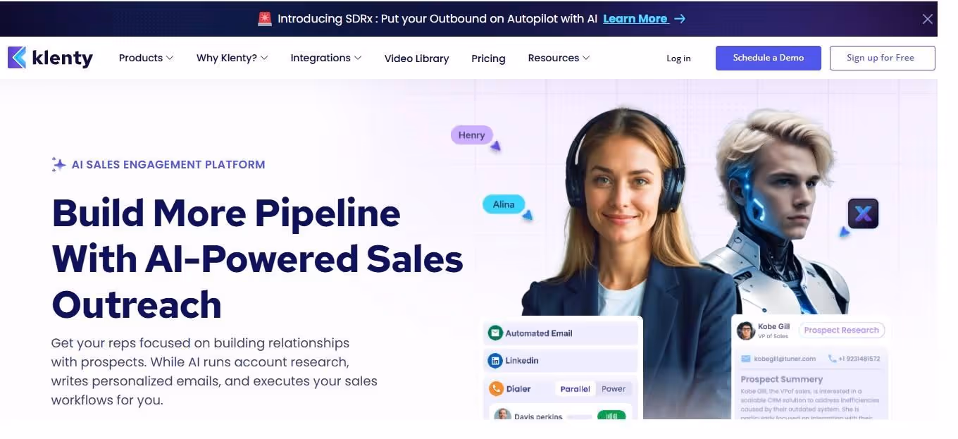 Klenty's AI sales engagement platform landing page featuring a diverse team.