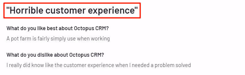 Review revealing Octopus CRM's bad customer service