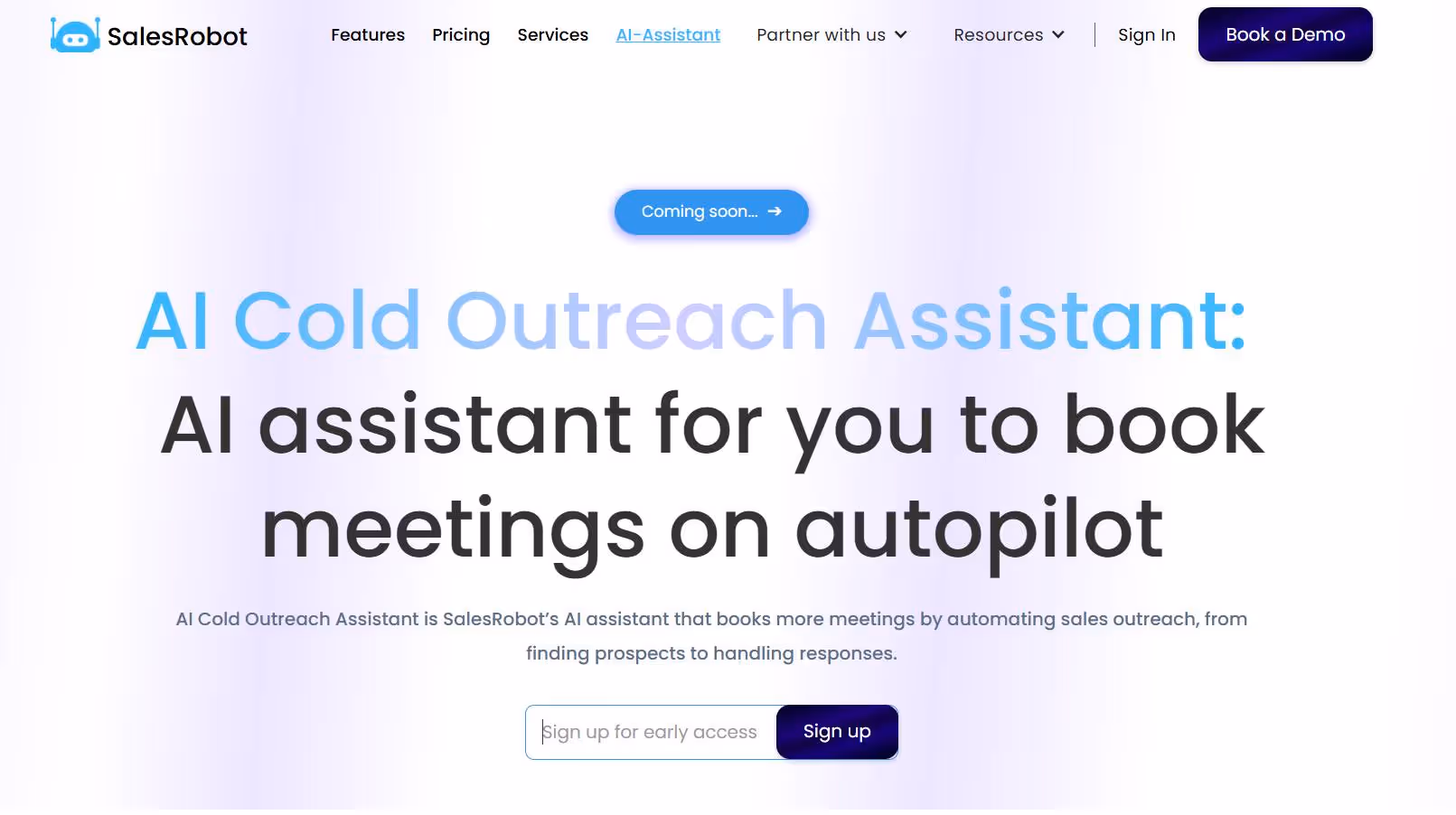 Screenshot of the Sales Robot AI Cold Outreach Assistant landing page.