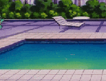 Animated turquoise swimming pool scene with lounge chair in the background.