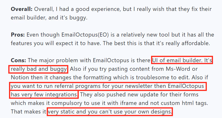 EmailOctopus user complaining about its buggy UI