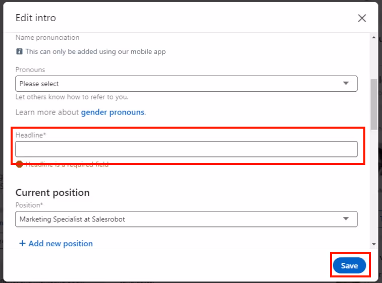 headline option on linkedin website