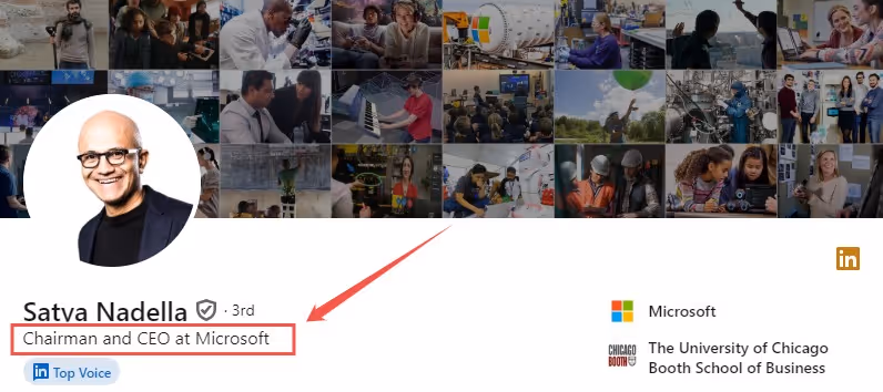 Satya Nadella's job title on LinkedIn