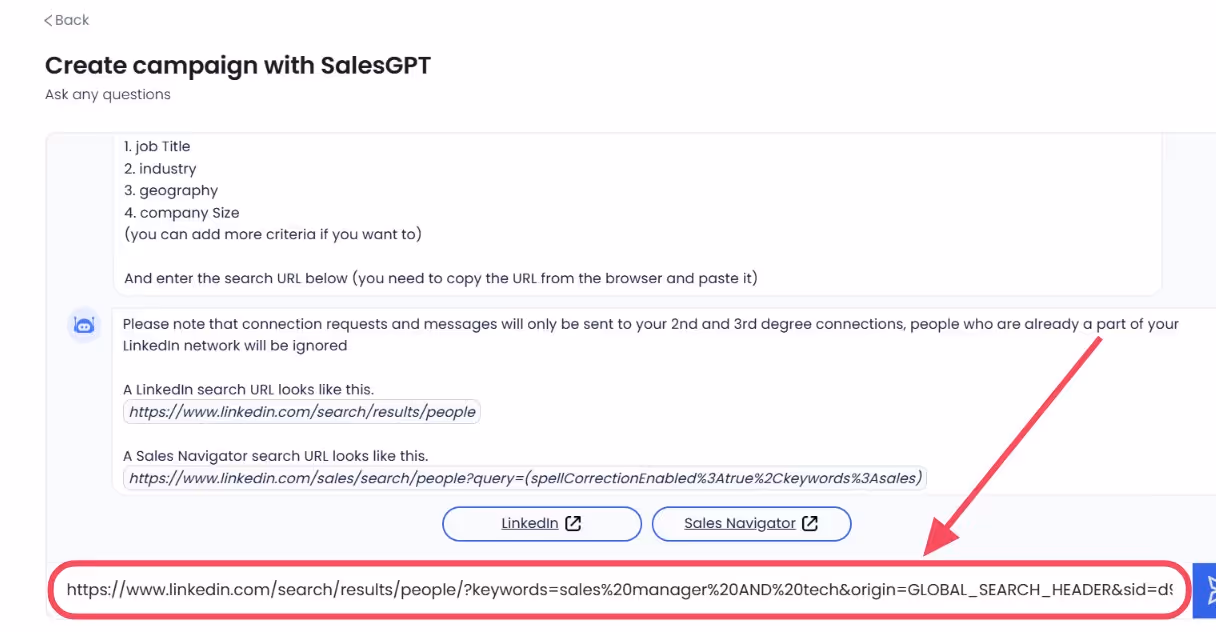 Paste into SalesGPT search URL