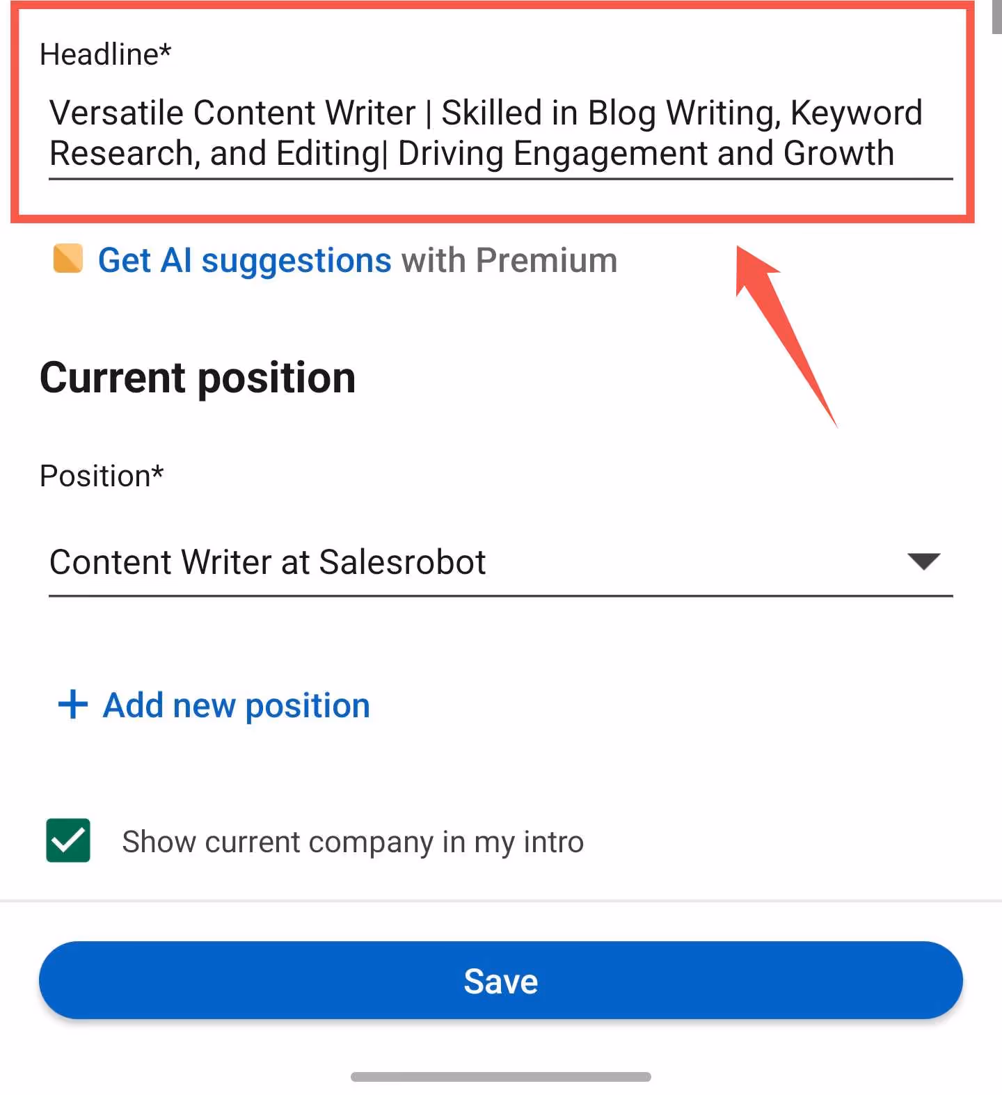 headline option on linkedin app