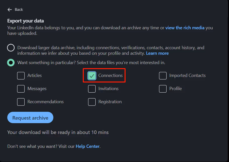 "Connections" option in the "Export data" section 