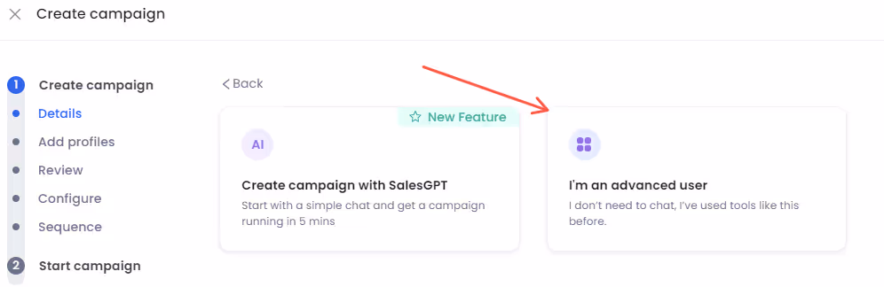 Selecting I'm an advanced user.