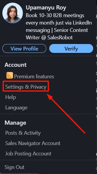 LinkedIn profile Settings & Privacy button