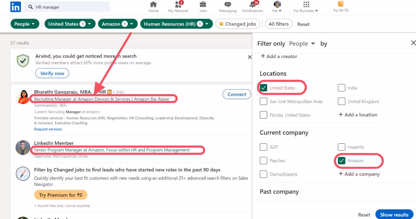 LinkedIn search feature