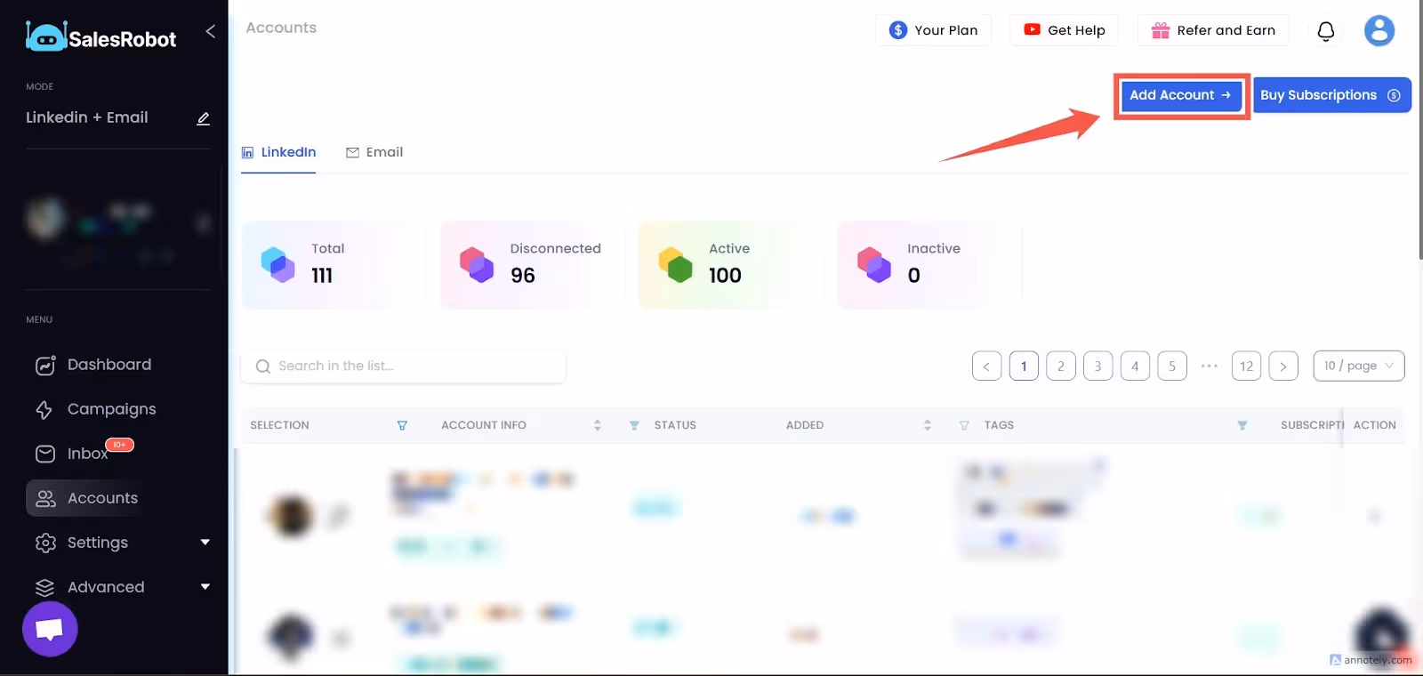 salesrobot's accounts page