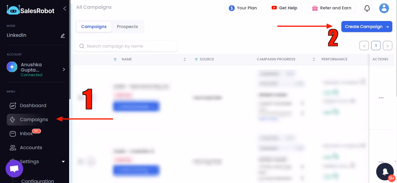 Campaigns page in SalesRobot