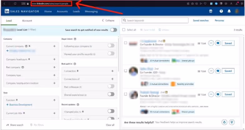 linkedin sales navigator search result page