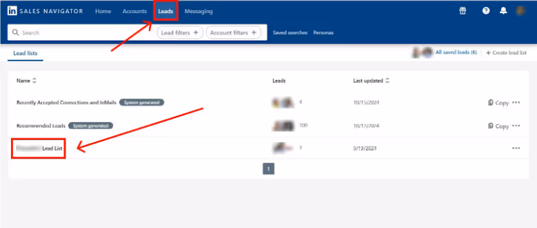 sales navigator Lead list page