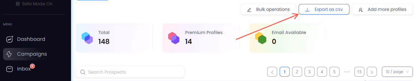 Click on export as CSV.