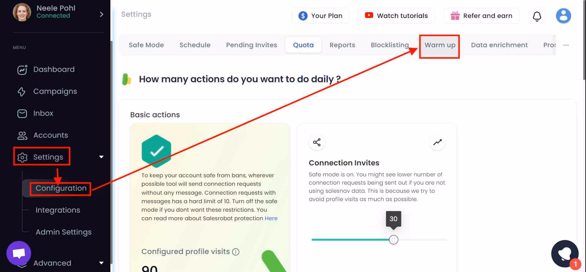 Configuration settings - warm up in SalesRobot.