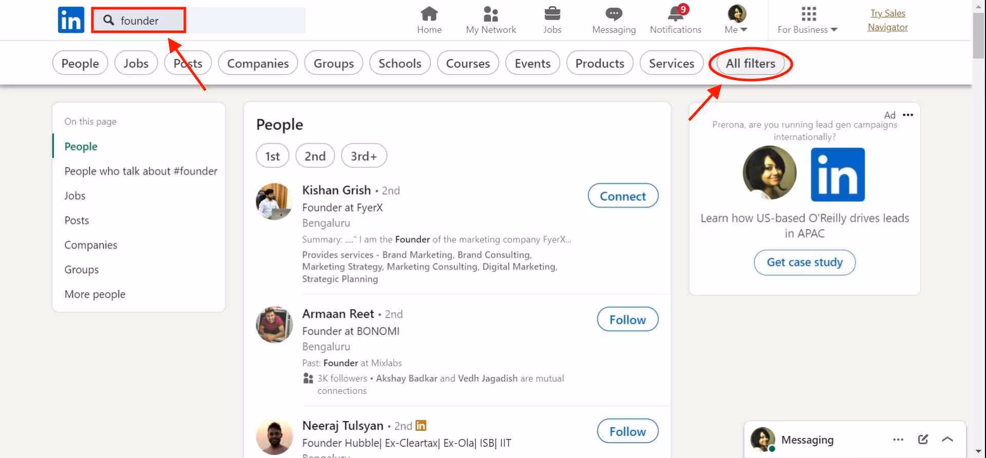 Search "Founder" on LinkedIn's search bar.