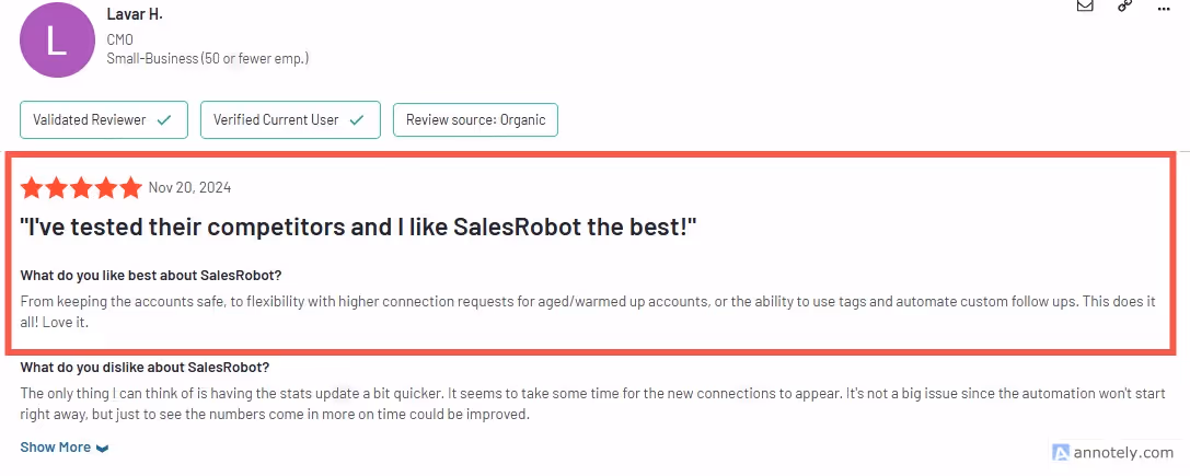 Customer review of SalesRobot praising its effectiveness compared to competitors.