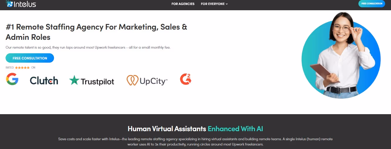 Intelius website promoting remote staffing agency services for marketing, sales, and admin roles.