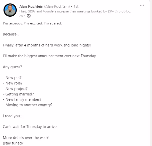 LinkedIn post idea example of Launch Teaser