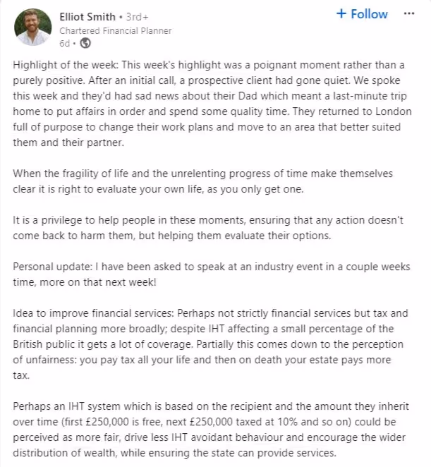 LinkedIn post idea example of Highlight of the Week