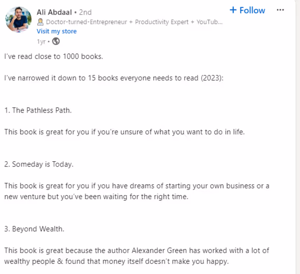 LinkedIn post idea example of Books for Transformation