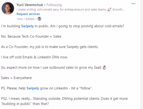LinkedIn post idea example of Build in Public