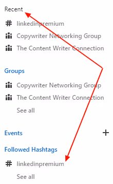 Recent tab on the LinkedIn feed with followed hashtags.