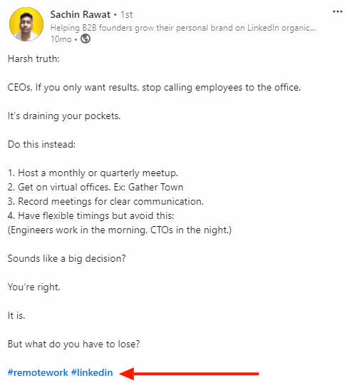 Hashtags added at the end of a LinkedIn post