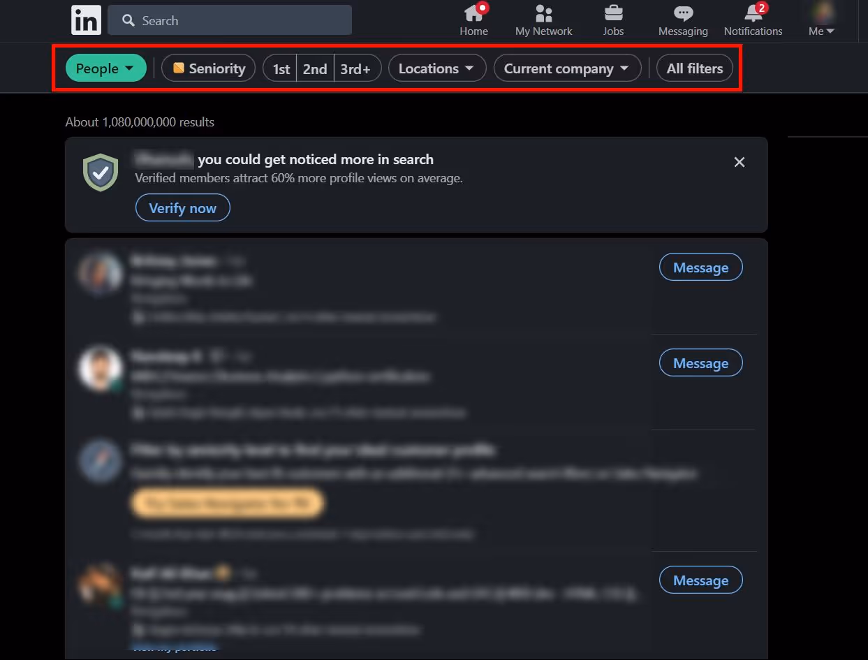 linkedin search filter