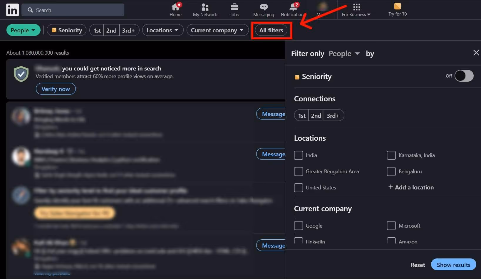 all filters on linkedin