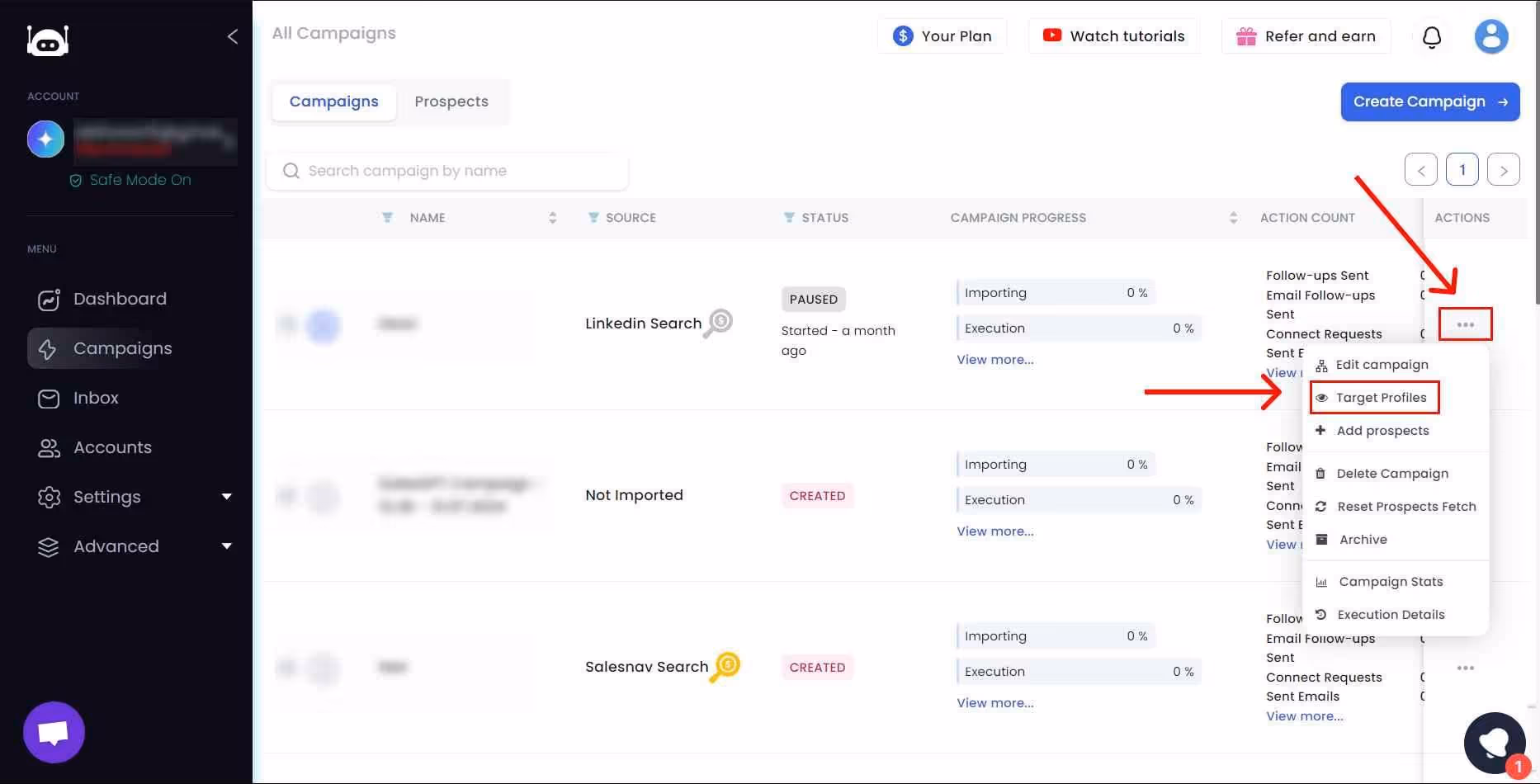 click on target profiles