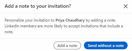Add a personal note option while sending requests in LinkedIn