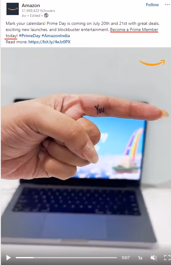 Amazon Prime Day post with CTA on LinkedIn